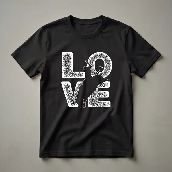 Black t-shirt with a white graphic design spelling 'LOVE', featuring a silhouette of a bull rider on a bucking bull within the letter 'O'.