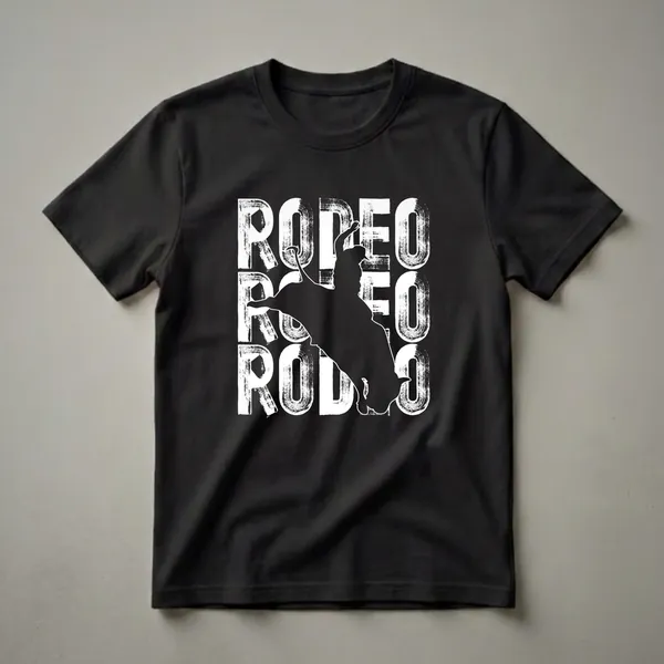 Black graphic t-shirt with white distressed text 'RODEO' repeated and a central silhouette of a bull rider on a bucking bull.