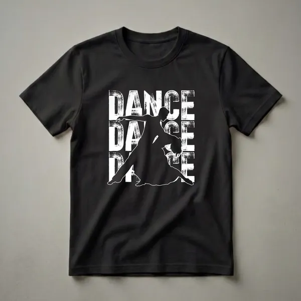 Black t-shirt with a white silhouette of a male and female dancer in a contemporary pose, set against distressed white letters spelling 'DANCE'.