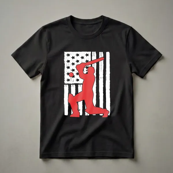 Black t-shirt featuring a red silhouette of a cricket player batting against a distressed American flag with black stars and white stripes.