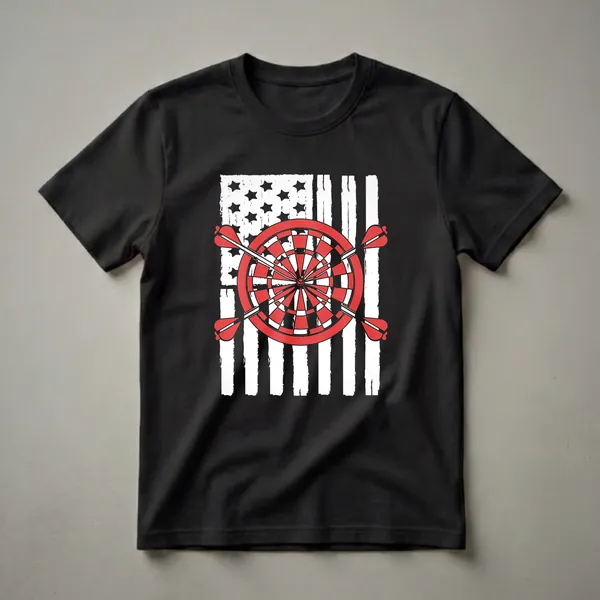 Black t-shirt with a distressed American flag graphic overlaid with a red and white dartboard and four red darts.