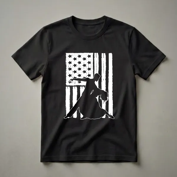 Black and white graphic t-shirt featuring a silhouette of a male and female contemporary dancer in a dramatic pose against a distressed American flag.