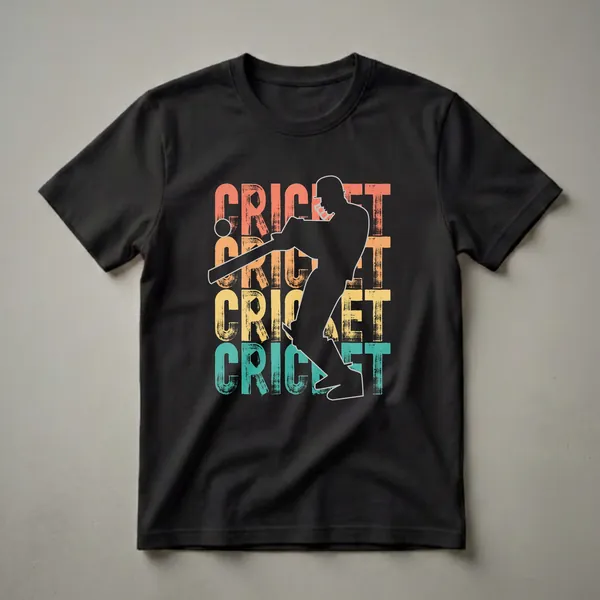 Black t-shirt with a retro graphic design featuring a silhouette of a cricket player batting, with the word 'CRICKET' repeated in distressed coral, orange, yellow, and teal.