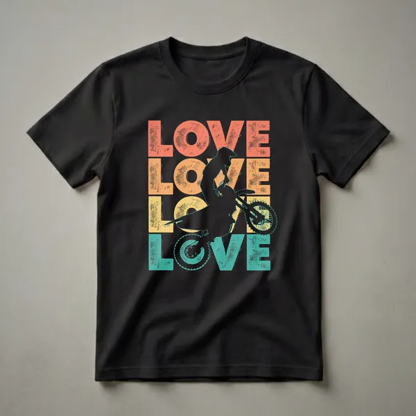 Black graphic t-shirt featuring a silhouette of a motocross rider mid-air, with the word 'LOVE' stacked in distressed retro colors of coral, orange, yellow, and teal.