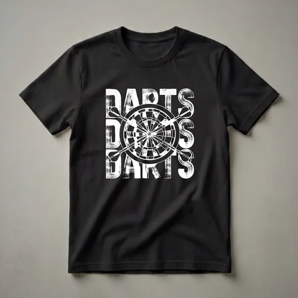 Black t-shirt with a distressed white graphic design featuring the word 'DARTS' repeated vertically, a dartboard, and three darts.
