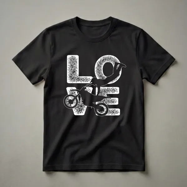 Black t-shirt with a white graphic design spelling out 'LOVE' with a dirt bike rider mid-air integrated into the letter 'O'.