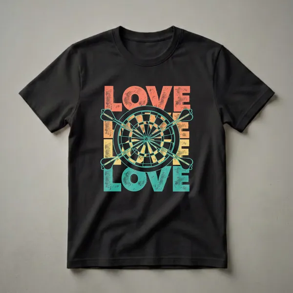 Black t-shirt with a retro graphic design featuring the word LOVE in coral, yellow, and teal distressed lettering, overlaid with a dartboard and crossed darts.