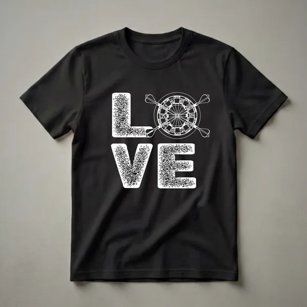 Black t-shirt with a white graphic design spelling 'LOVE', where the 'O' is a dartboard with two darts.