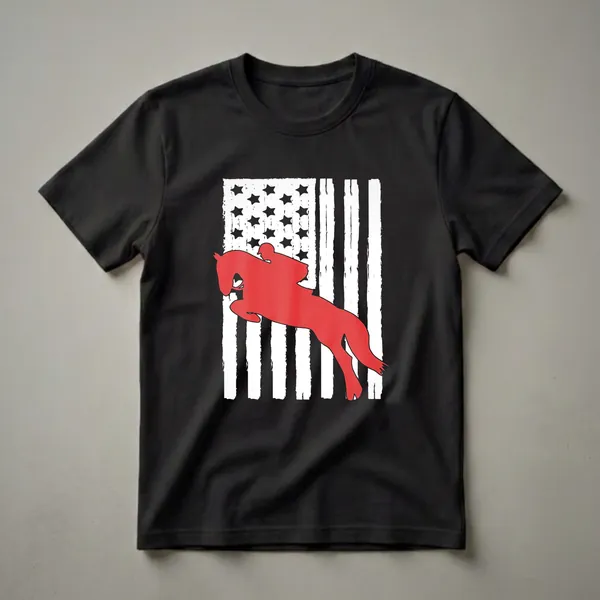 Black t-shirt with a distressed American flag graphic and a red silhouette of a horse and rider jumping.