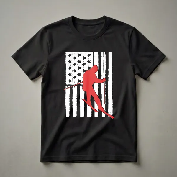 Black t-shirt with a distressed American flag graphic and a red silhouette of a downhill skier in motion, holding ski poles.
