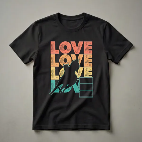 Black graphic t-shirt featuring a retro design with a silhouette of a horse and rider barrel racing, set against stacked, distressed text spelling 'LOVE' in coral, orange, yellow, and teal.