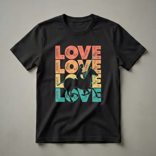 Black graphic t-shirt with stacked retro text 'LOVE' in coral, orange, yellow, and teal, featuring a black silhouette of a polo rider on a horse in the middle.