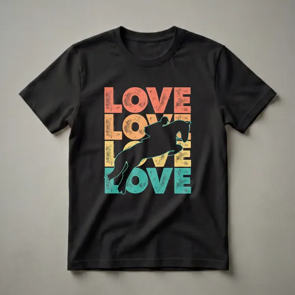 Black graphic t-shirt with a silhouette of a horse and rider jumping, set against stacked, distressed text spelling 'LOVE' in coral, orange, and teal.