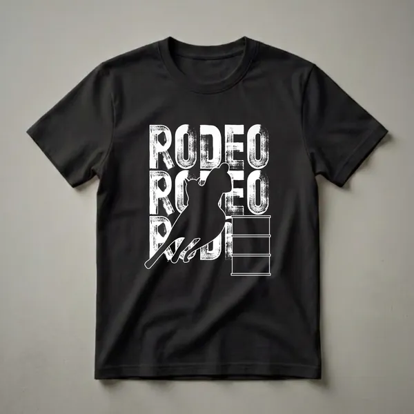 Black t-shirt with white distressed 'RODEO' text and a black silhouette of a horse and rider performing a barrel racing maneuver, with three barrel outlines on the right.