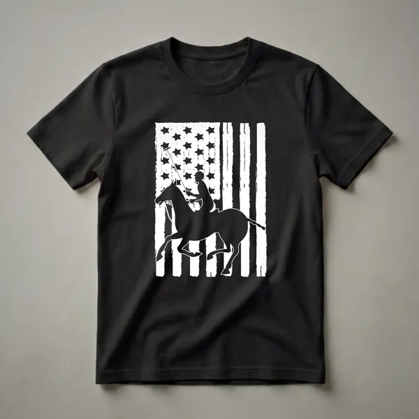 Black silhouette of a polo rider on a horse against a distressed white and black American flag.