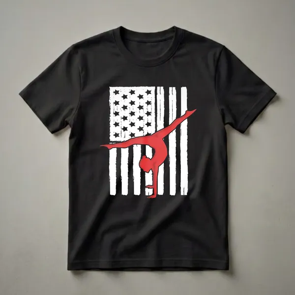 Black t-shirt with a distressed American flag design featuring a red silhouette of a female gymnast in a handstand pose.