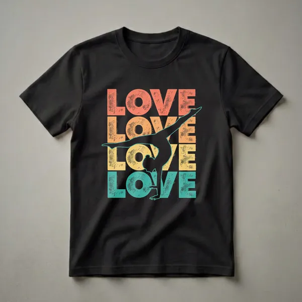 Black t-shirt with retro graphic design featuring the word 'LOVE' in orange, yellow, and teal, with a silhouette of a female gymnast in a handstand pose.