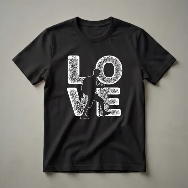 Black graphic t-shirt featuring the word 'LOVE' with a white silhouette of a hiker using trekking poles and wearing a backpack inside the letter 'O'.