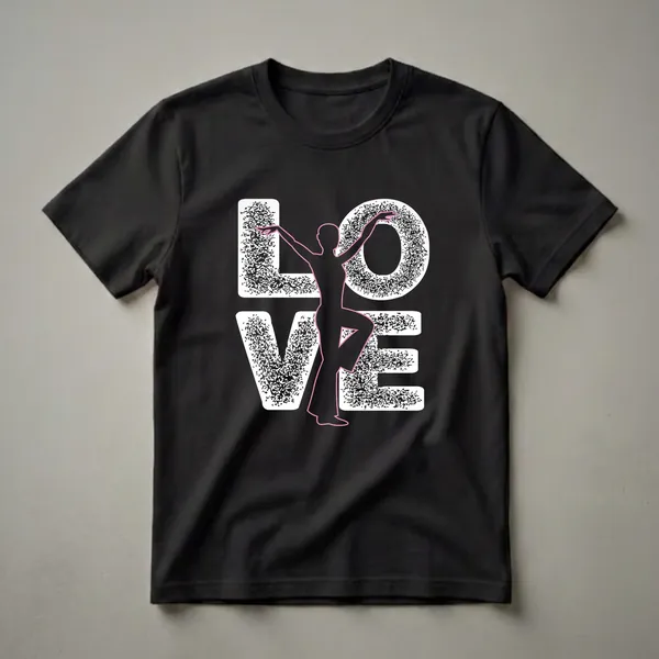 Black graphic t-shirt featuring the word 'LOVE' in white with a textured fill, overlaid with a pink-outlined black silhouette of a dancer in a ballet pose.