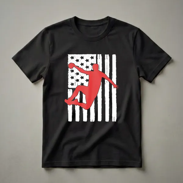 Red silhouette of a handball player jumping with a ball against a distressed American flag with black stars and white and black stripes on a black background.