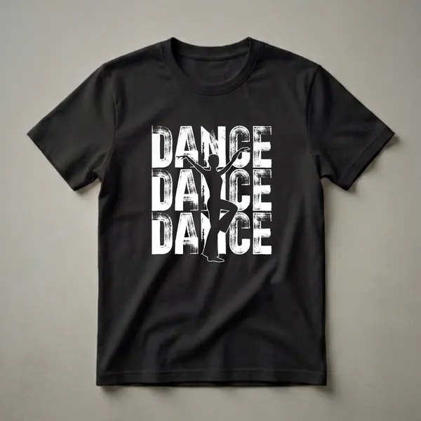 Black graphic t-shirt with white distressed text spelling 'DANCE' three times, featuring a black silhouette of a dancer in a dynamic pose in the center.