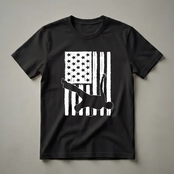 Black graphic t-shirt featuring a white distressed American flag with a black silhouette of a breakdancer in a dynamic pose.