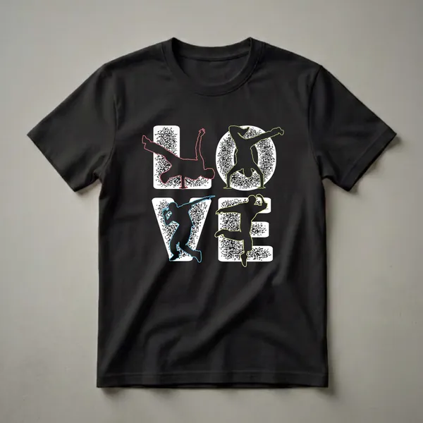 Black t-shirt with the word LOVE formed by breakdancer silhouettes in red, green, blue, and yellow outlines, set against textured white letter shapes.