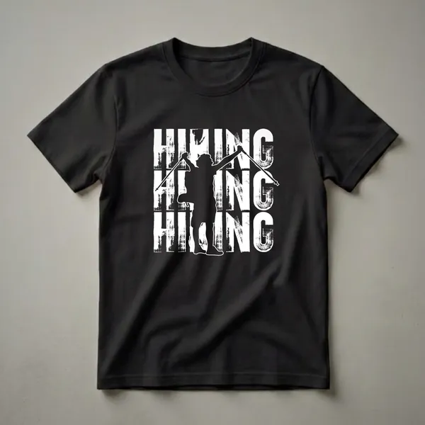 Black graphic t-shirt featuring a white silhouette of a hiker with trekking poles and a backpack, superimposed over distressed white letters spelling 'HIKING'.