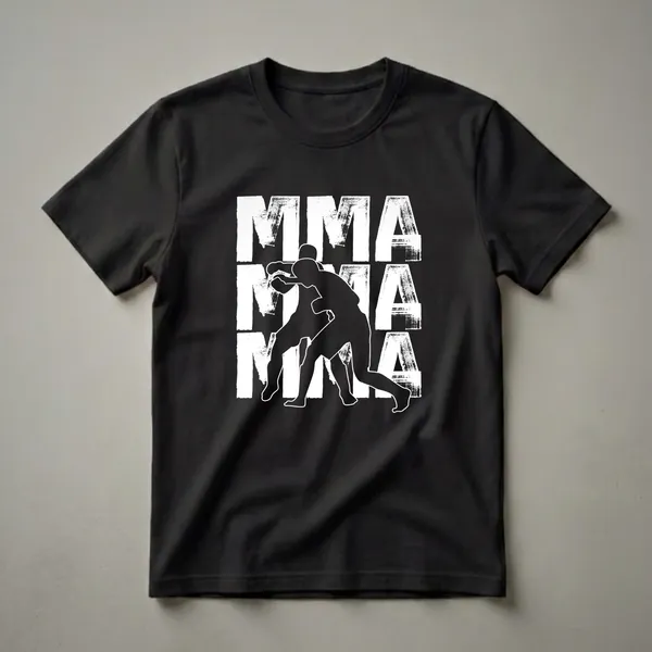 Black t-shirt with white distressed 'MMA' text and a black silhouette of two MMA fighters grappling.
