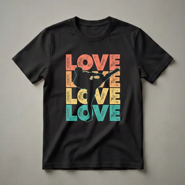 Black t-shirt with a retro graphic design featuring a silhouette of a Muay Thai fighter kicking, layered over distressed text that spells 'LOVE' in coral, orange, yellow, and teal.