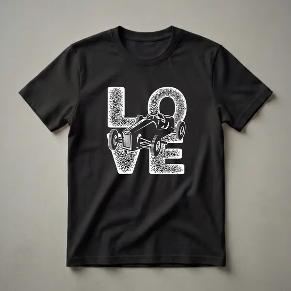 Black t-shirt with a white graphic design forming the word 'LOVE' with a vintage race car and driver in the center, set against a black background.