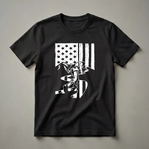 Black graphic t-shirt featuring a distressed white American flag with a white silhouette of a runner in motion against mountains and a winding path.