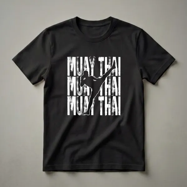 Black graphic t-shirt featuring a white silhouette of a Muay Thai fighter kicking, with distressed white text reading 'MUAY THAI' in the background.