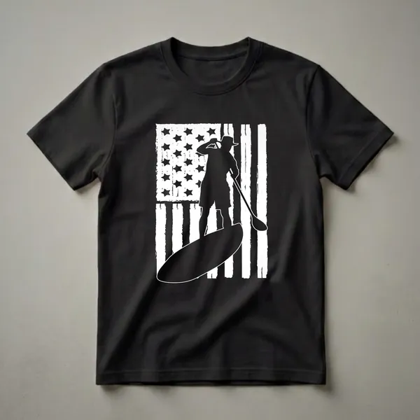 Black graphic t-shirt featuring a white silhouette of a person paddleboarding with a raised paddle, superimposed over a distressed American flag design with stars and vertical stripes.