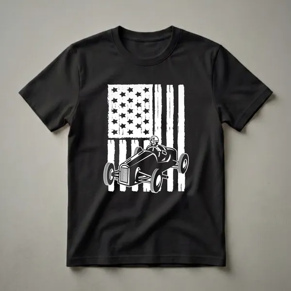 White graphic of a vintage race car with a driver against a distressed white American flag on a black t-shirt.