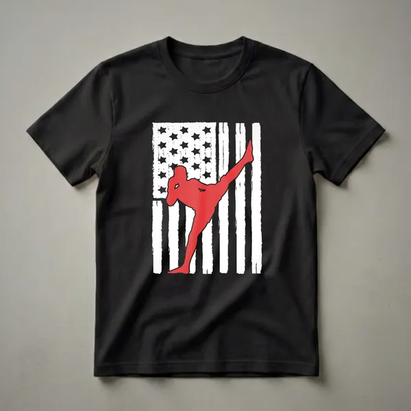 Black t-shirt featuring a red silhouette of a Muay Thai fighter performing a roundhouse kick against a distressed American flag with black stars and white and black stripes.