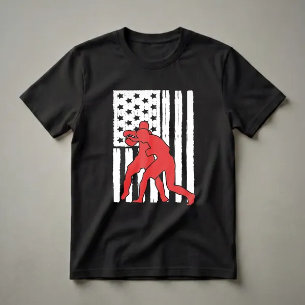 Black t-shirt featuring a distressed American flag with two red silhouetted figures in an MMA grappling pose.