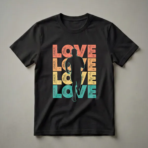 Black graphic t-shirt featuring a silhouette of a runner in front of stacked, distressed text spelling 'LOVE' in retro coral, orange, yellow, and teal colors.
