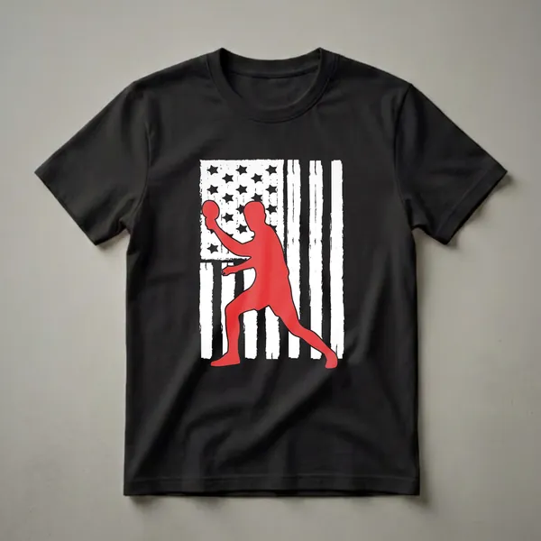 Black t-shirt featuring a red silhouette of a table tennis player in front of a distressed American flag with black stars and white stripes.