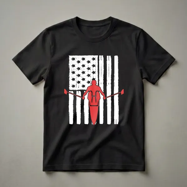 Black t-shirt with a distressed American flag graphic and a red silhouette of a rower in a boat holding oars.