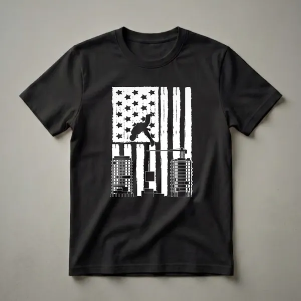 Black and white graphic t-shirt featuring a distressed American flag with a parkour athlete mid-flip, set against a cityscape with buildings and a crane.