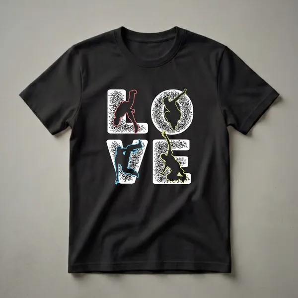 Black t-shirt with the word LOVE formed by parkour athlete silhouettes outlined in red, green, blue, and yellow neon colors, set against a textured white fill.