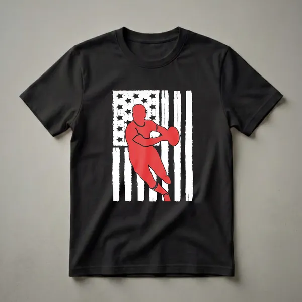 Black t-shirt featuring a red silhouette of a rugby player in motion against a distressed American flag with white stripes and black stars.