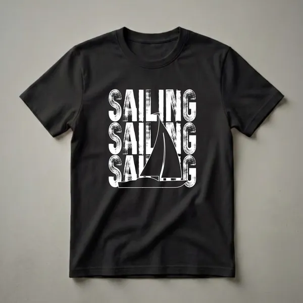 Black t-shirt with a white graphic design of the word SAILING repeated three times, with a sailboat silhouette in the middle.