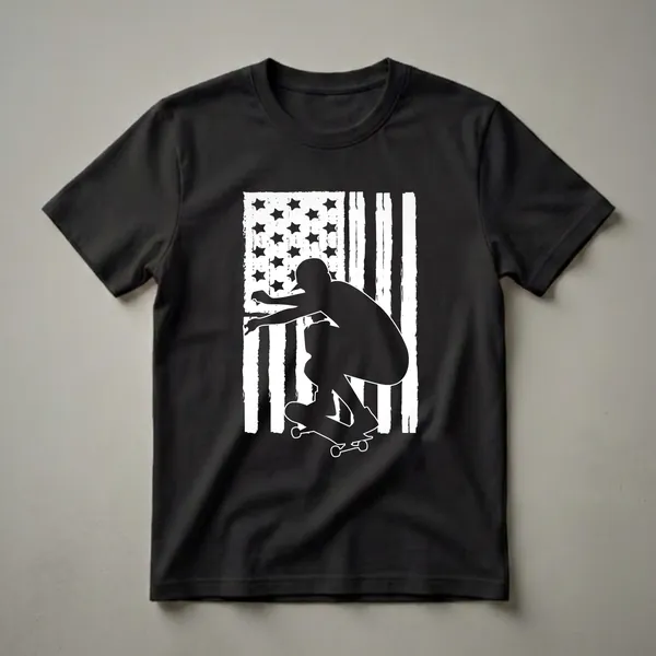 Black silhouette of a skateboarder performing a trick against a distressed white and black American flag graphic on a black t-shirt.