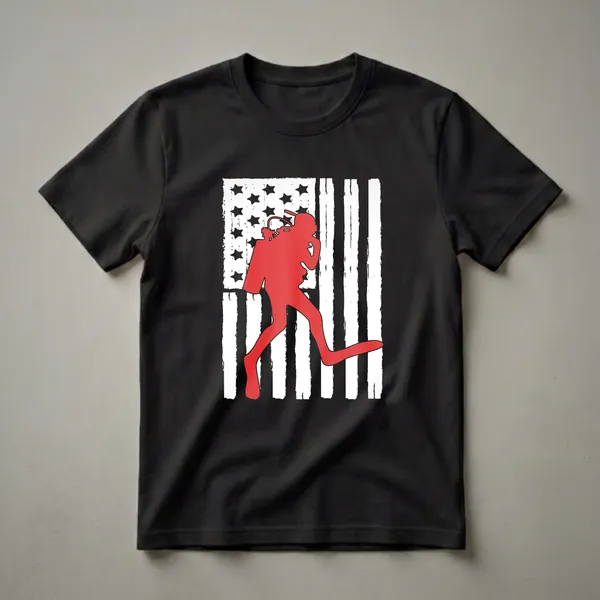 A red silhouette of a scuba diver is shown in front of a distressed American flag graphic with black stars and white stripes.