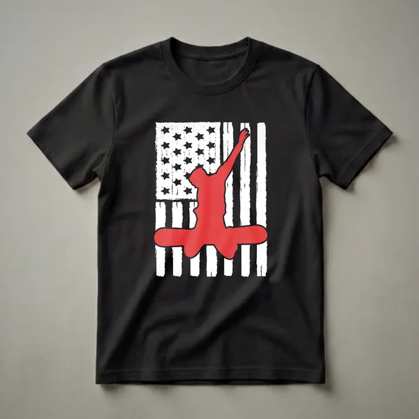 Black t-shirt with a distressed American flag graphic and a red silhouette of a snowboarder in mid-air performing a trick.
