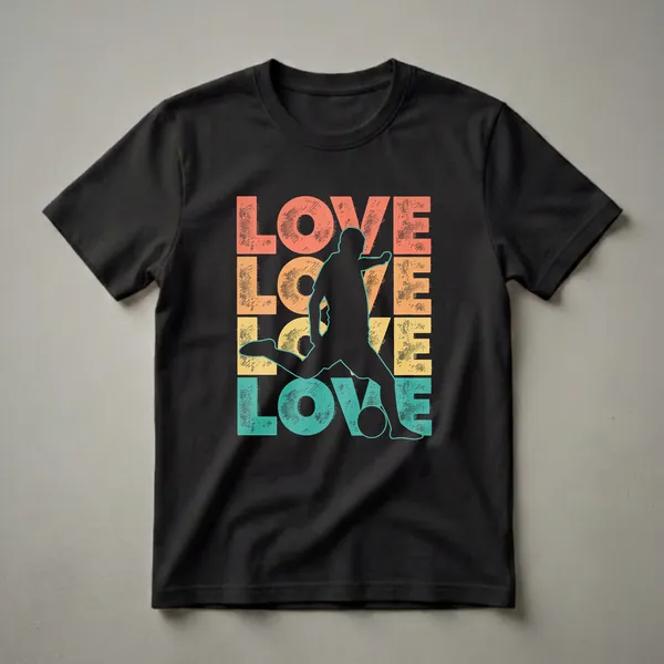 Black graphic t-shirt featuring a silhouette of a soccer player kicking a ball, with the word 'LOVE' stacked in coral, orange, yellow, and teal distressed letters behind the player.
