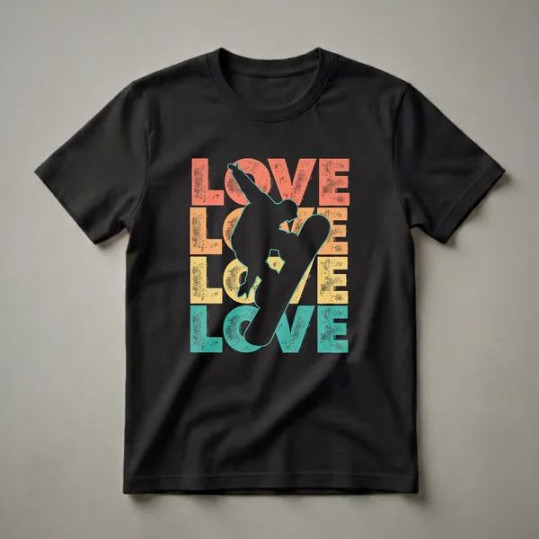 Black graphic t-shirt featuring a silhouette of a snowboarder in mid-air, with the word 'LOVE' stacked vertically in distressed coral, orange, yellow, and teal.