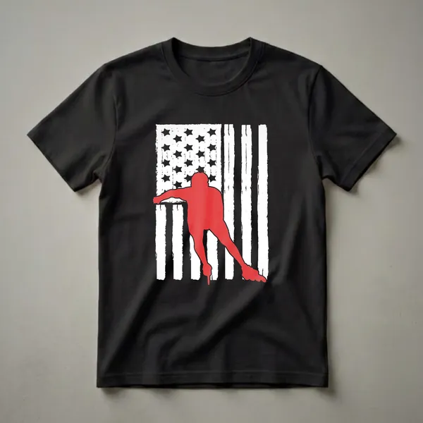 Black t-shirt with a distressed American flag graphic and a red silhouette of an inline speed skater in motion.